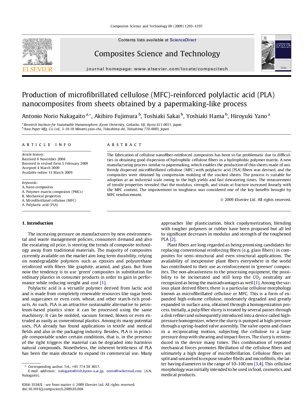 Production of microfibrillated cellulose (MFC)-reinforced polylactic acid (PLA) nanocomposites from sheets obtained by a papermaking-like process