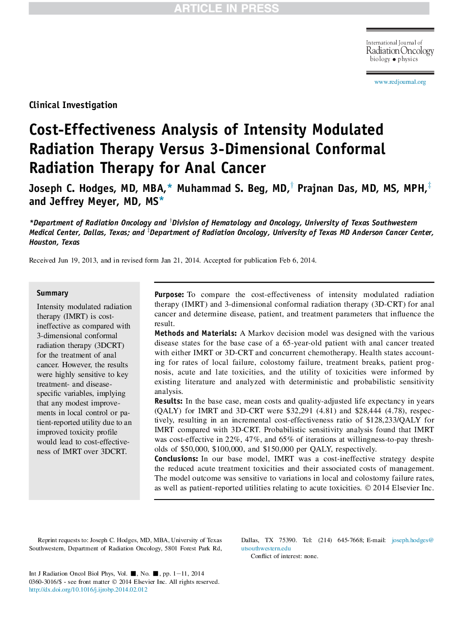 Cost-Effectiveness Analysis of Intensity Modulated Radiation Therapy Versus 3-Dimensional Conformal Radiation Therapy forÂ Anal Cancer