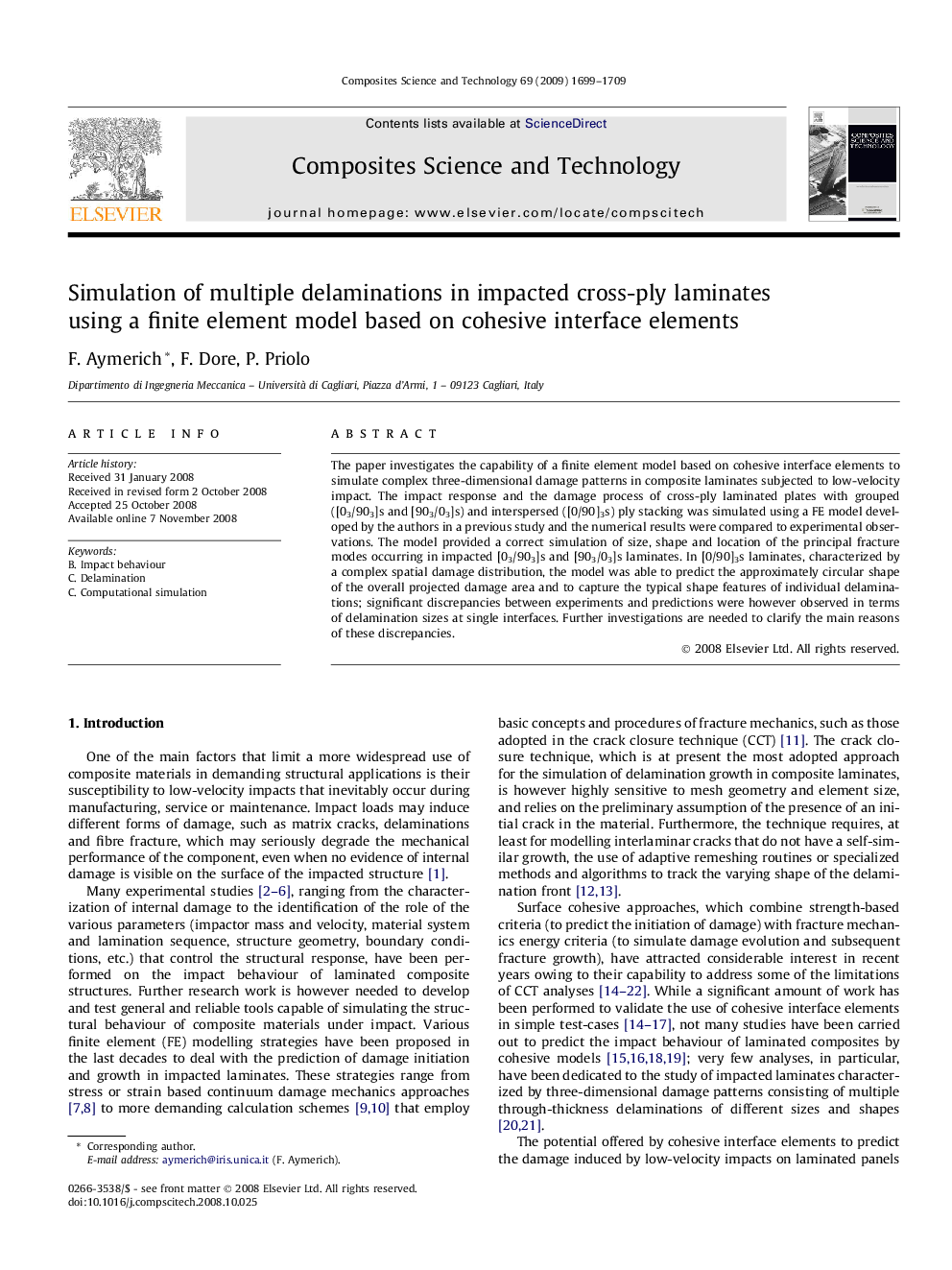 عکس صفحه اول مقاله: Simulation of multiple delaminations in impacted cross-ply laminates using a finite element model based on cohesive interface elements Simulation of multiple delaminations in impacted cross-ply laminates using a finite element model based on cohesive interface elements