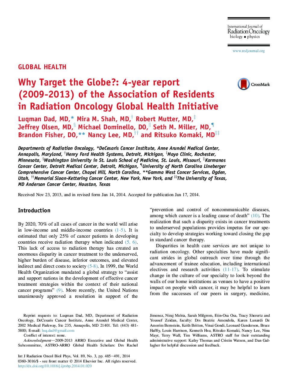 Why Target the Globe?: 4-year report (2009-2013) of the Association of Residents in Radiation Oncology Global Health Initiative