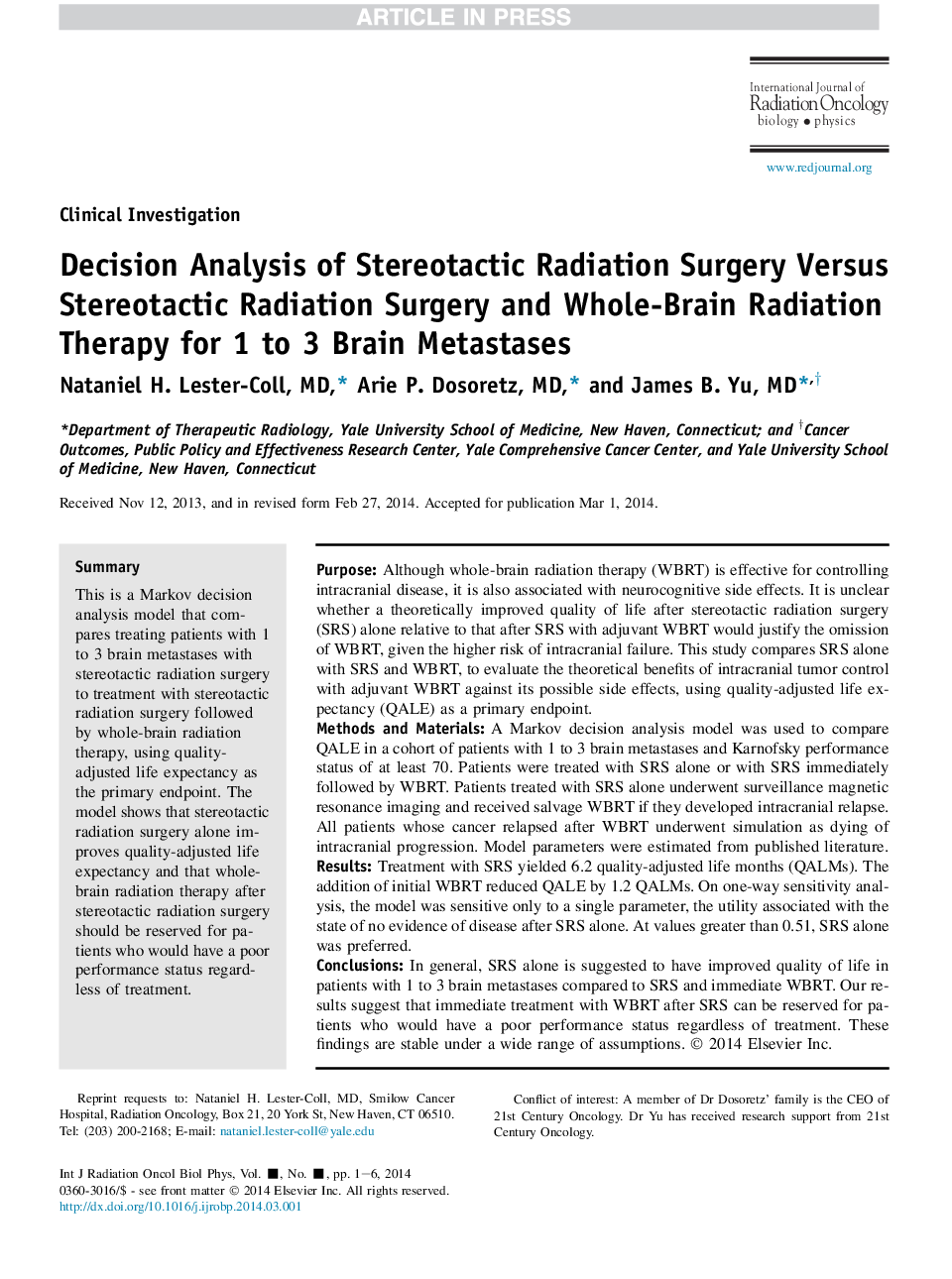 تجزیه و تحلیل تصمیم گیری جراحی پرتو استریوتاکتیک در برابر جراحی پرتو استریوتاکتیک و درمان تابش کامل مغز برای 1 تا 3 متاستاز مغزی 