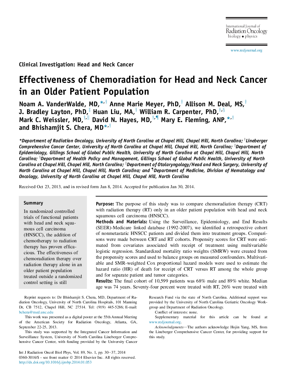 Effectiveness of Chemoradiation for Head and Neck Cancer in an Older Patient Population
