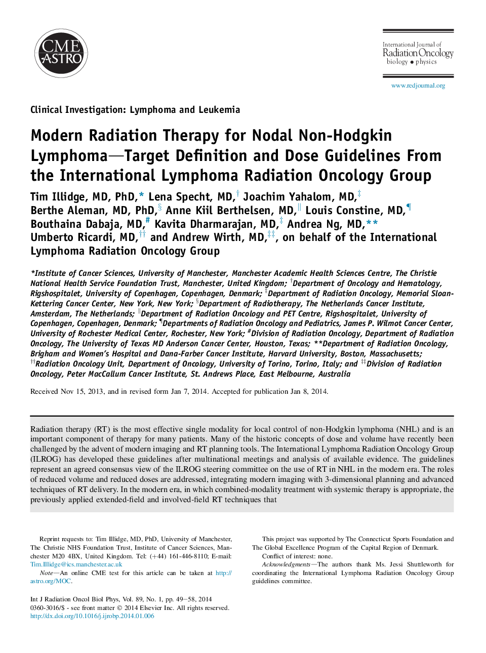 درمان رادیوتراپی مدرن برای تعیین لنفوم غیر لنفوم طبیعی و دستورالعمل های انتزاعی از گروه انکولوژی تابش بین المللی لنفوم 
