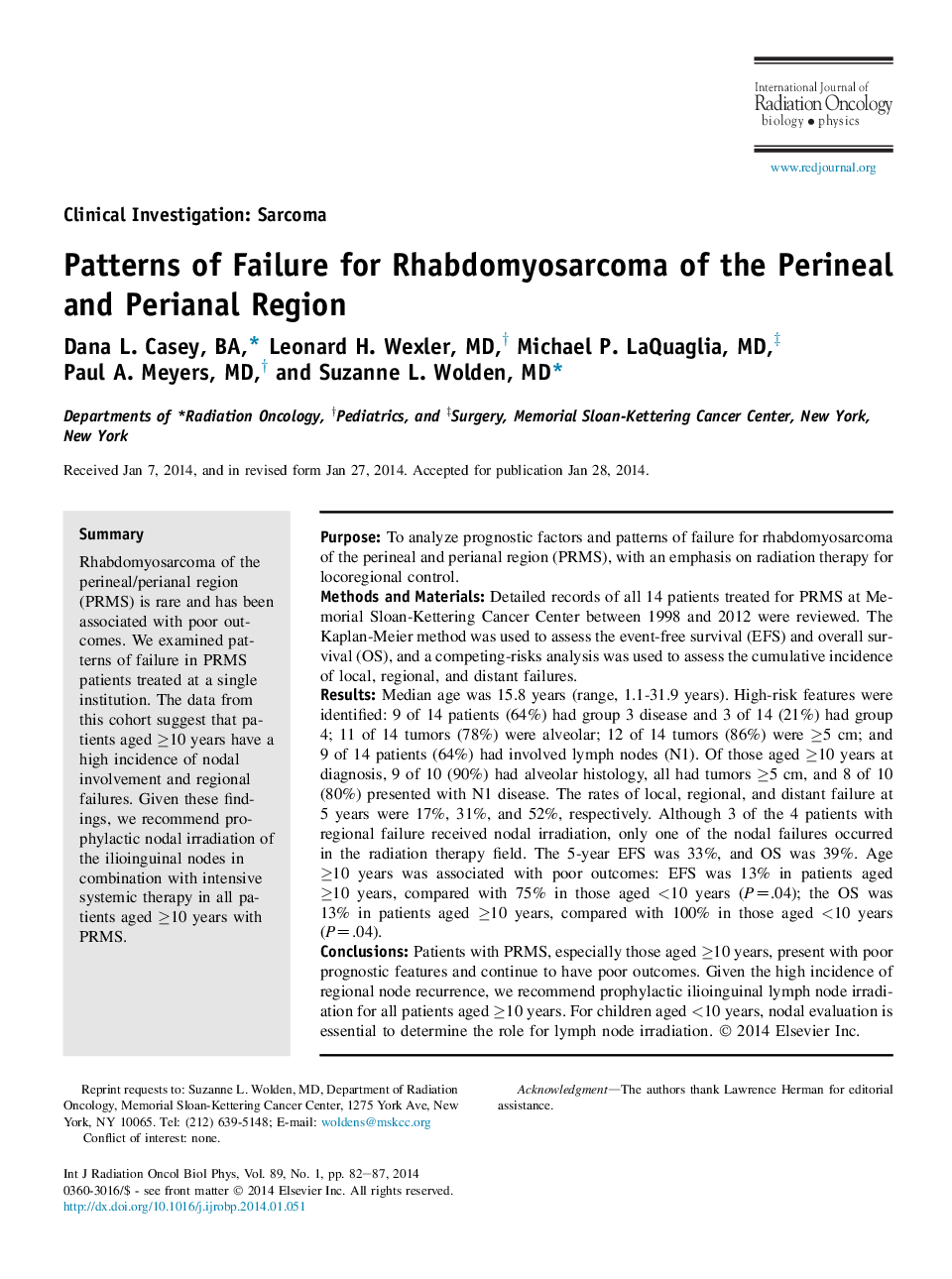 Patterns of Failure for Rhabdomyosarcoma of the Perineal and Perianal Region