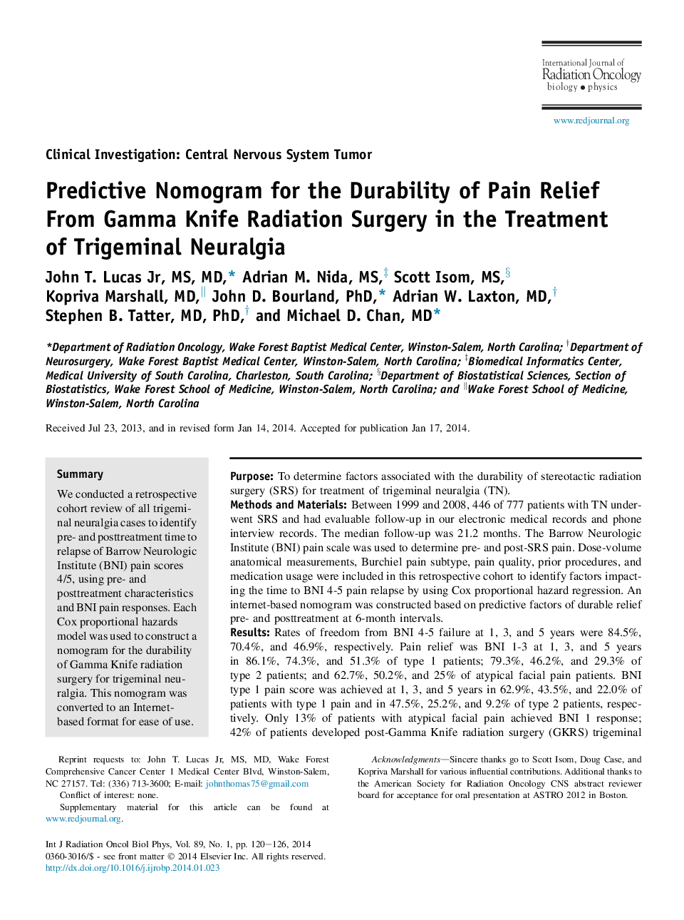 Predictive Nomogram for the Durability of Pain Relief From Gamma Knife Radiation Surgery in the Treatment of Trigeminal Neuralgia