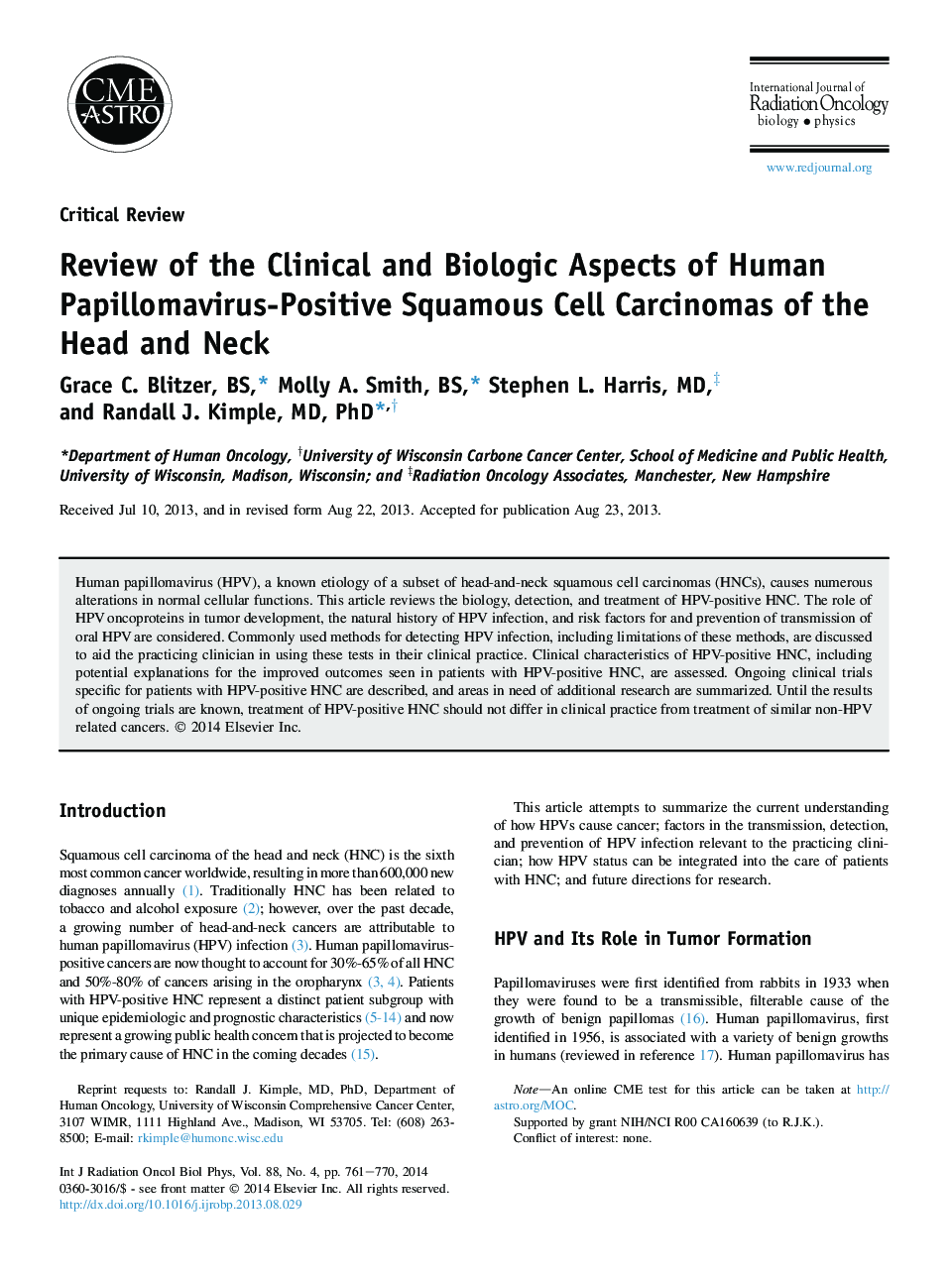 Review of the Clinical and Biologic Aspects of Human Papillomavirus-Positive Squamous Cell Carcinomas of the Head and Neck