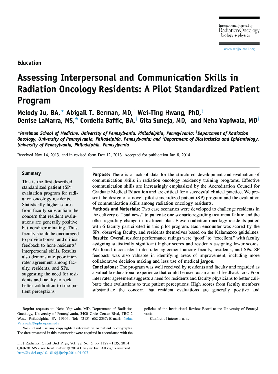 ارزیابی مهارت های بین فردی و ارتباطی در افراد مبتلا به انکولوژی رادیویی: یک برنامه بیمار استاندارد شده با خلبان 