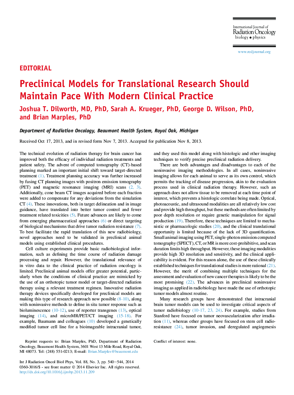 Preclinical Models for Translational Research Should Maintain Pace With Modern Clinical Practice