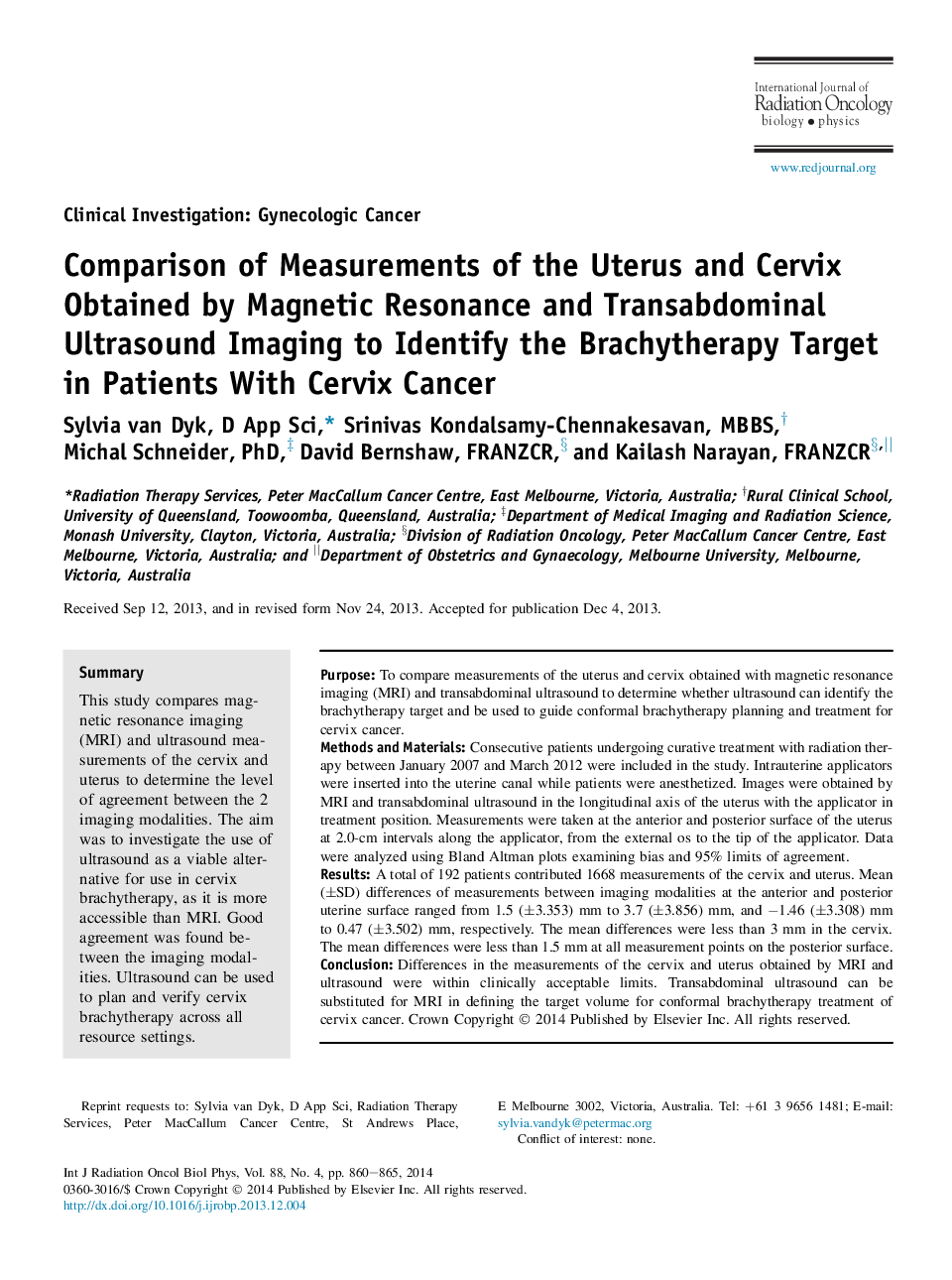 Comparison of Measurements of the Uterus and Cervix Obtained by Magnetic Resonance and Transabdominal Ultrasound Imaging to Identify the Brachytherapy Target in Patients With Cervix Cancer