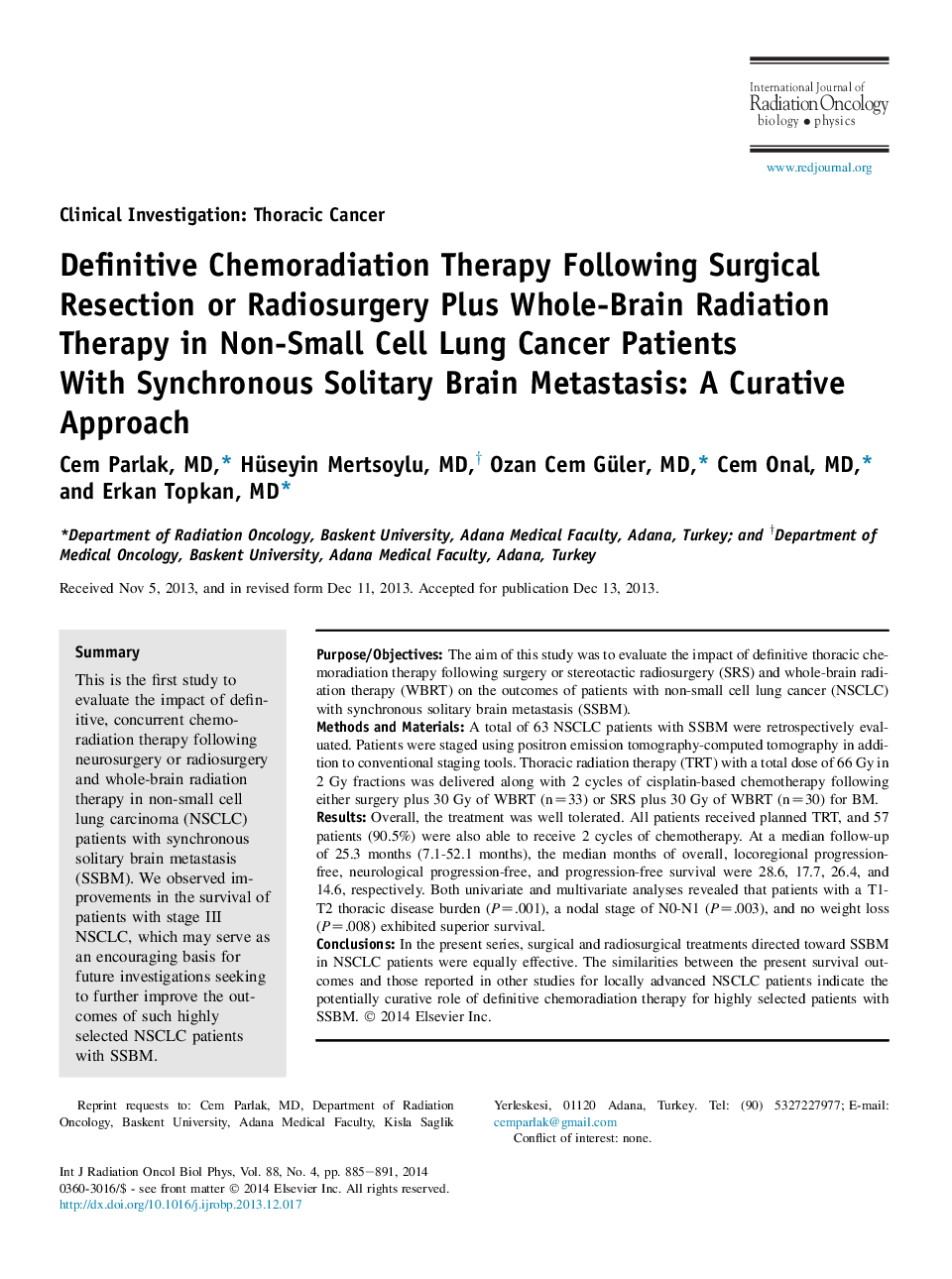 Definitive Chemoradiation Therapy Following Surgical Resection or Radiosurgery Plus Whole-Brain Radiation Therapy in Non-Small Cell Lung Cancer Patients With Synchronous Solitary Brain Metastasis: A Curative Approach
