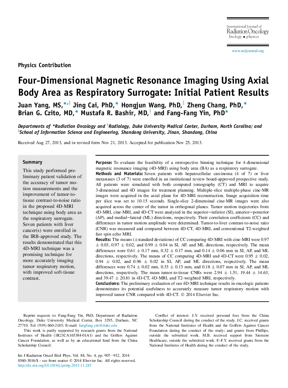 Four-Dimensional Magnetic Resonance Imaging Using Axial Body Area as Respiratory Surrogate: Initial Patient Results