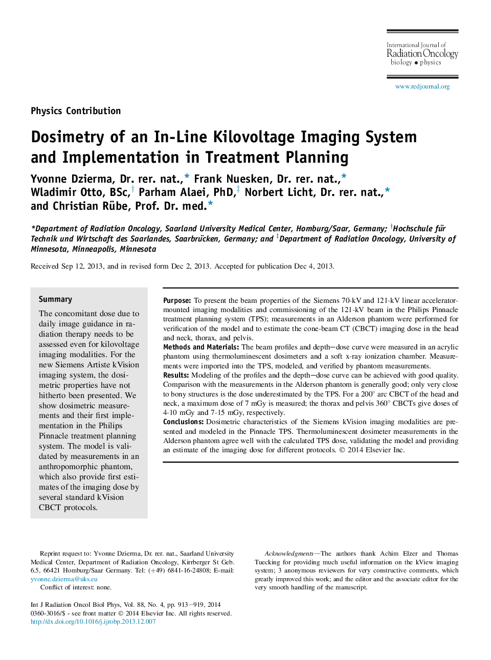 Dosimetry of an In-Line Kilovoltage Imaging System and Implementation in Treatment Planning