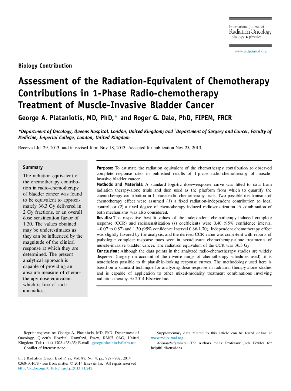 Assessment of the Radiation-Equivalent of Chemotherapy Contributions in 1-Phase Radio-chemotherapy Treatment of Muscle-Invasive Bladder Cancer