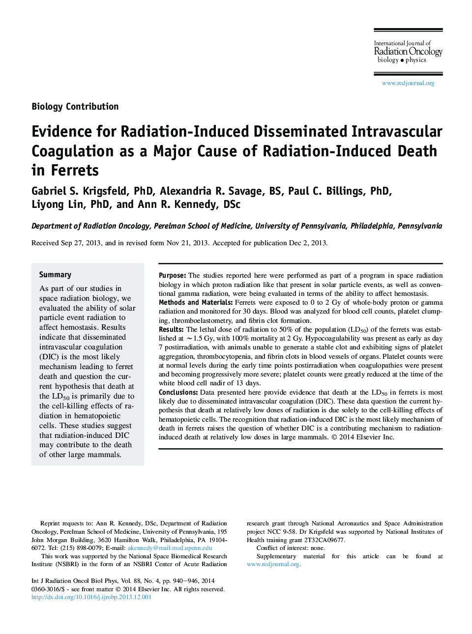 Evidence for Radiation-Induced Disseminated Intravascular Coagulation as a Major Cause of Radiation-Induced Death in Ferrets