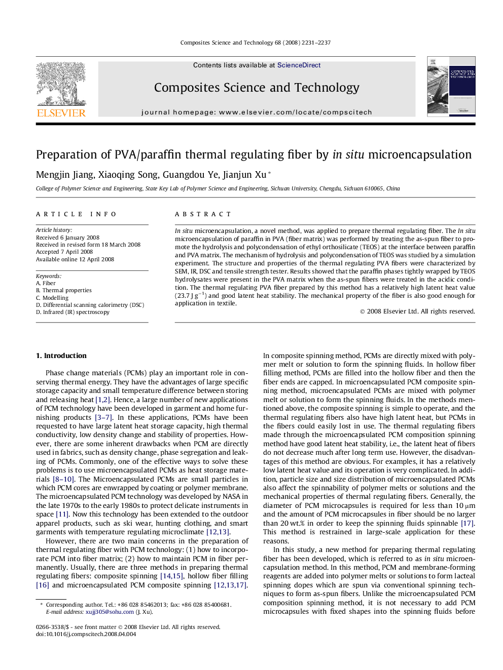 Preparation of PVA/paraffin thermal regulating fiber by in situ microencapsulation