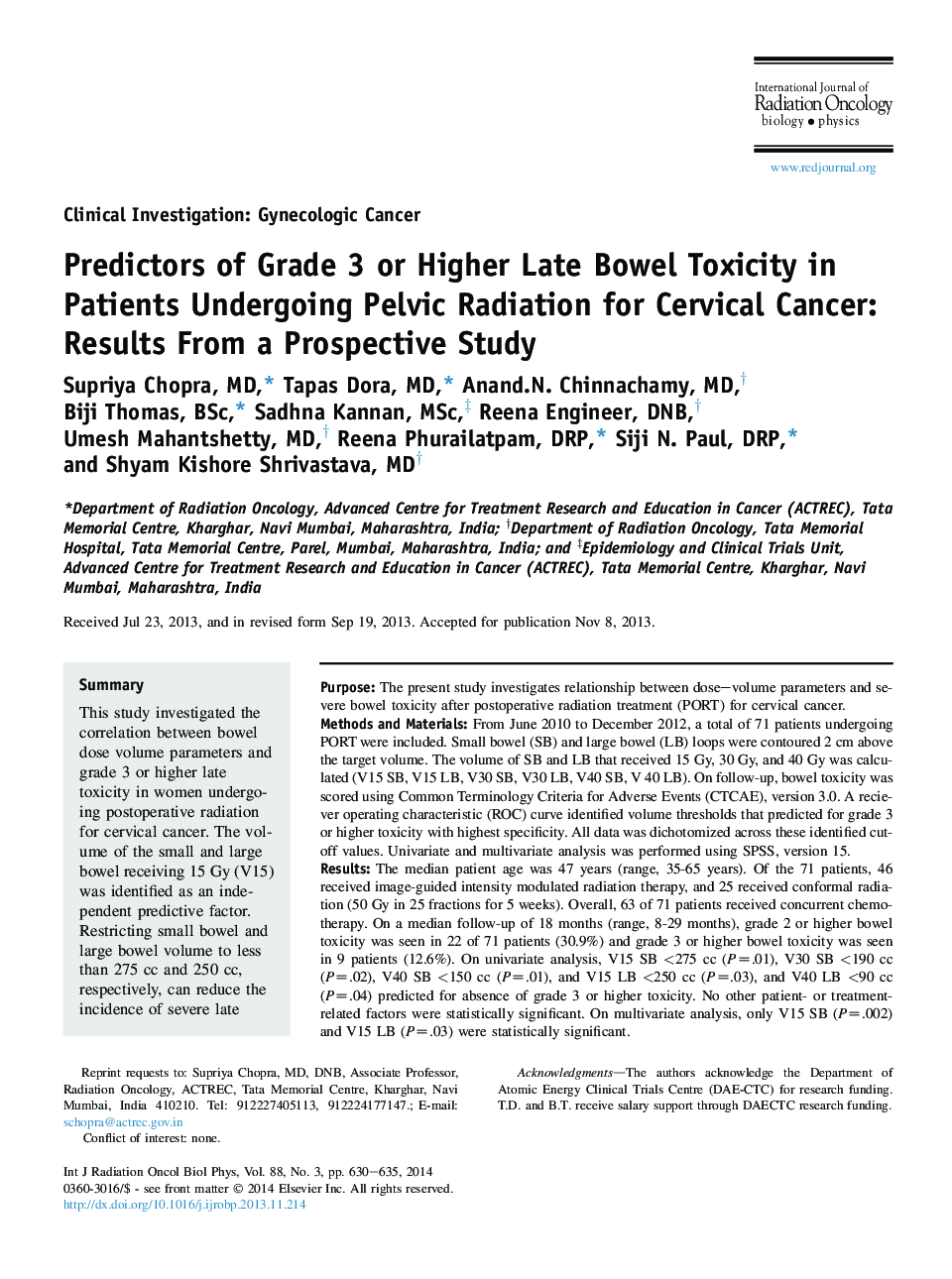 Predictors of Grade 3 or Higher Late Bowel Toxicity in Patients Undergoing Pelvic Radiation for Cervical Cancer: Results From a Prospective Study