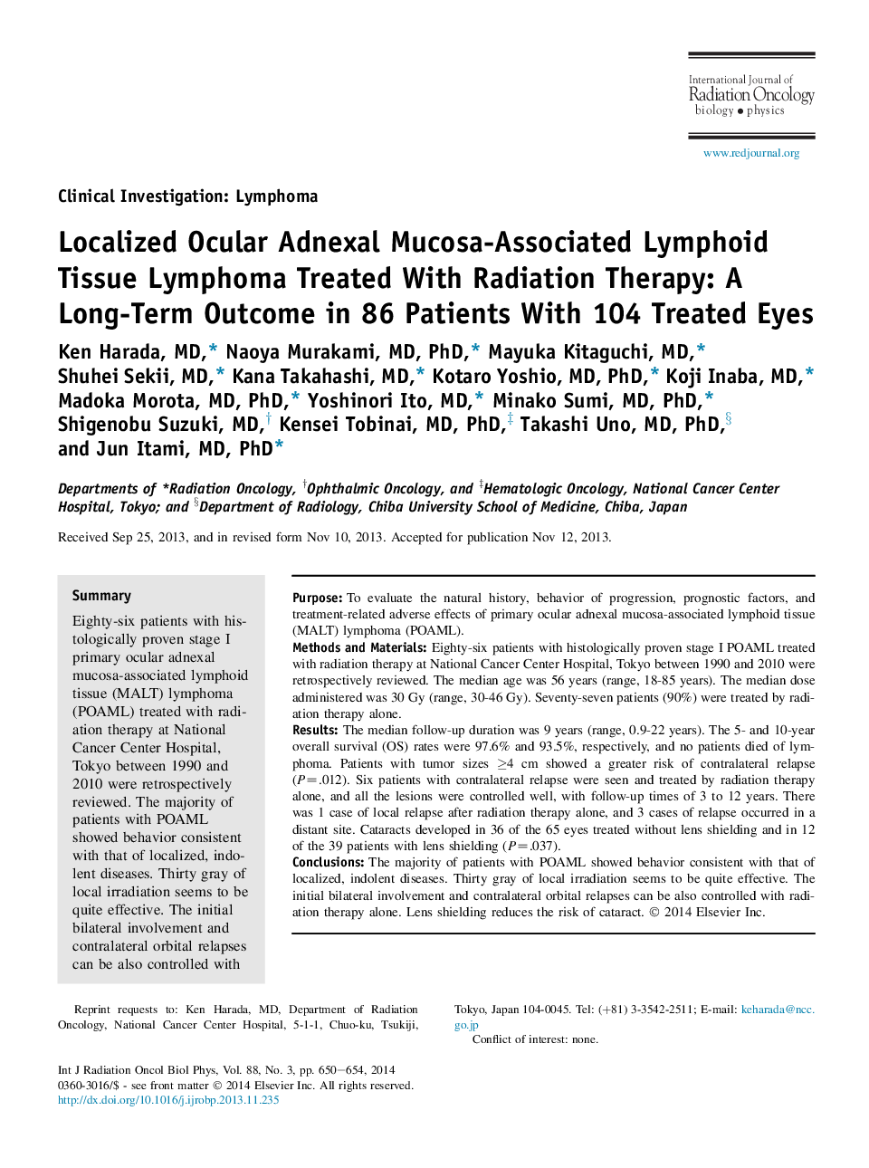 Localized Ocular Adnexal Mucosa-Associated Lymphoid Tissue Lymphoma Treated With Radiation Therapy: A Long-Term Outcome in 86 Patients With 104 Treated Eyes