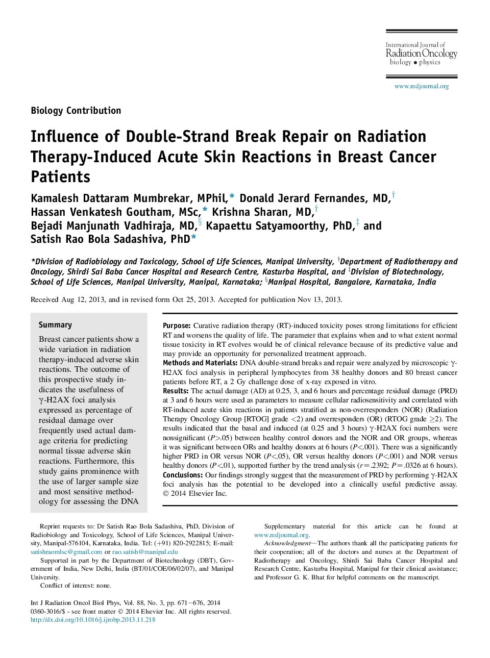 Influence of Double-Strand Break Repair on Radiation Therapy-Induced Acute Skin Reactions in Breast Cancer Patients