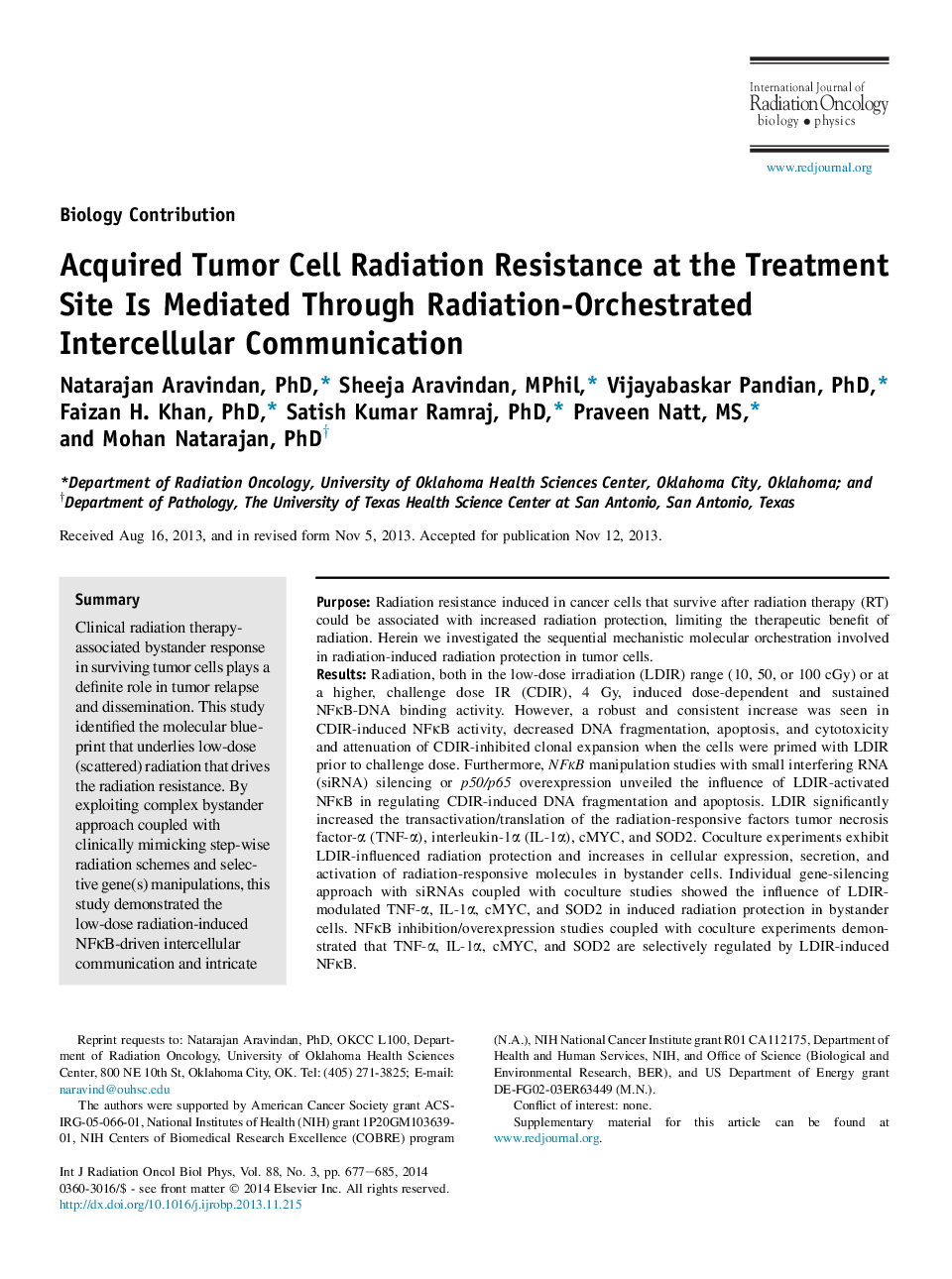Acquired Tumor Cell Radiation Resistance at the Treatment Site Is Mediated Through Radiation-Orchestrated Intercellular Communication
