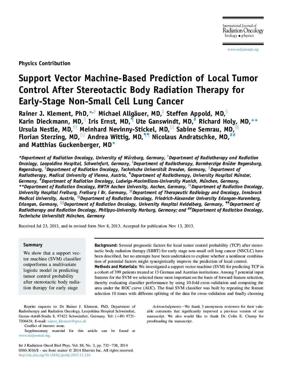 Support Vector Machine-Based Prediction of Local Tumor Control After Stereotactic Body Radiation Therapy for Early-Stage Non-Small Cell Lung Cancer