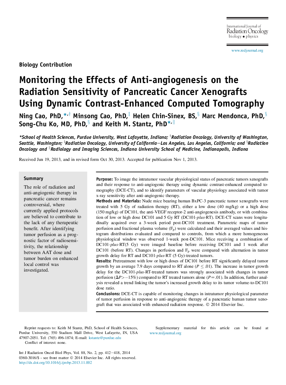 Monitoring the Effects of Anti-angiogenesis on the Radiation Sensitivity of Pancreatic Cancer Xenografts Using Dynamic Contrast-Enhanced Computed Tomography