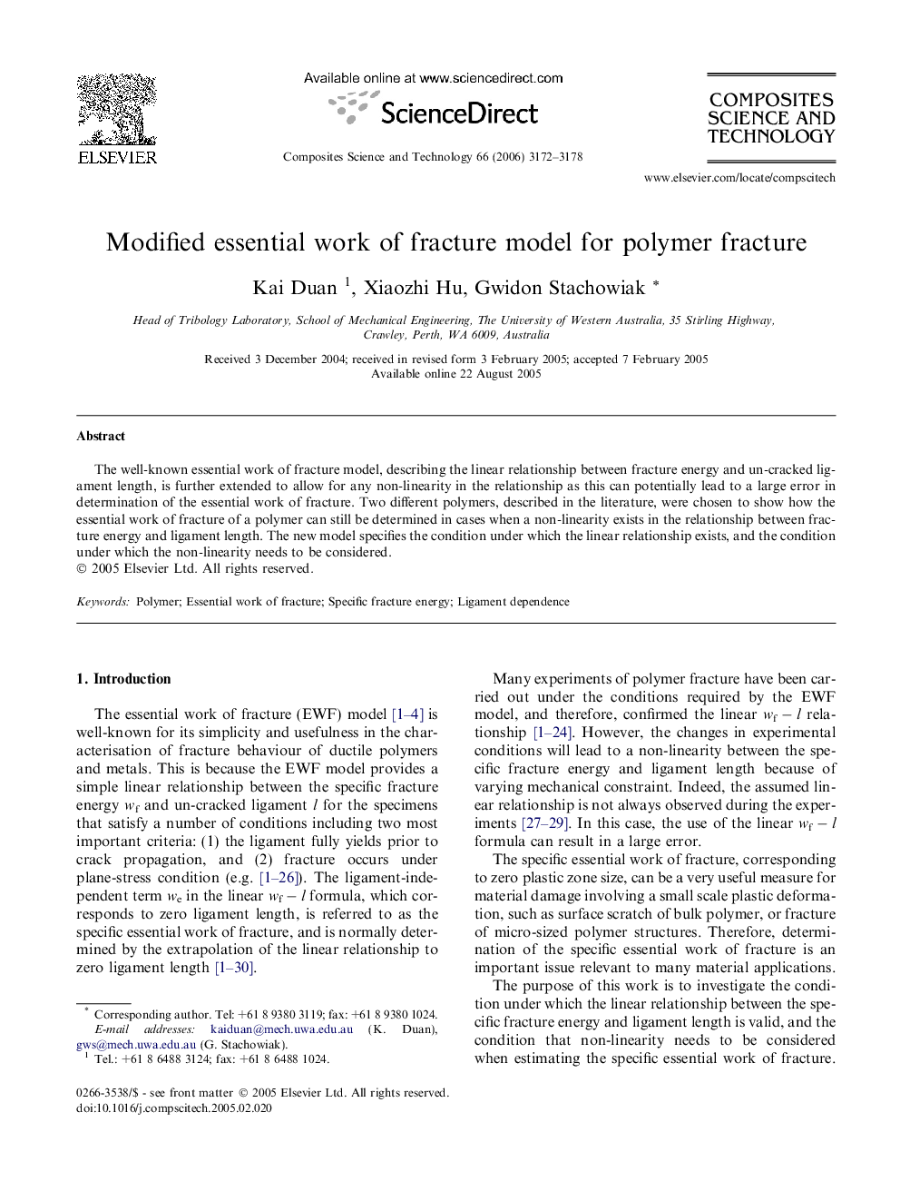 Modified essential work of fracture model for polymer fracture