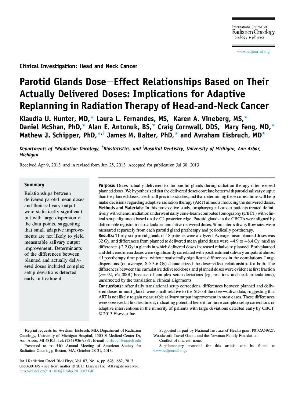 Parotid Glands Dose-Effect Relationships Based on Their Actually Delivered Doses: Implications for Adaptive Replanning in Radiation Therapy of Head-and-Neck Cancer