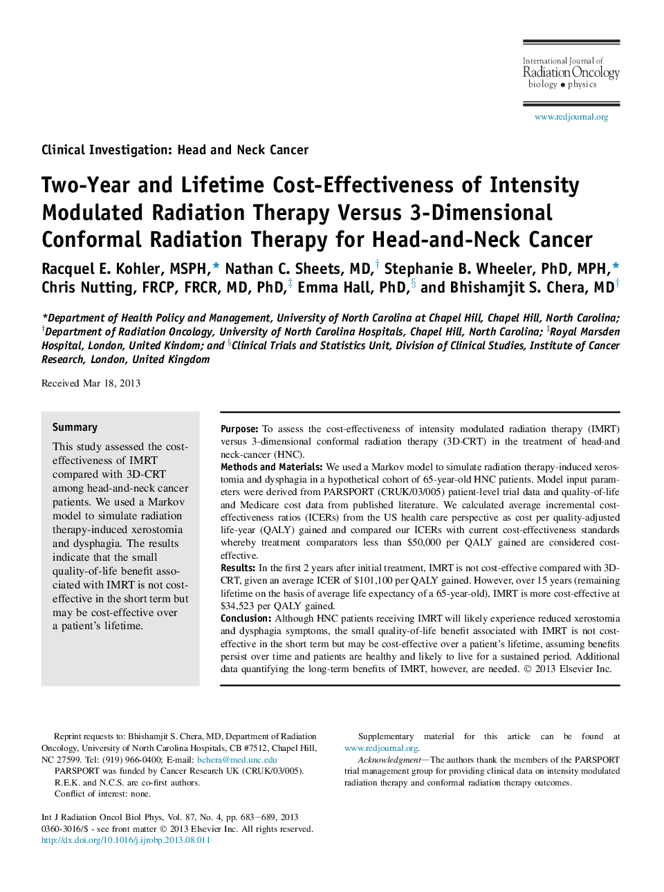 Two-Year and Lifetime Cost-Effectiveness of Intensity Modulated Radiation Therapy Versus 3-Dimensional Conformal Radiation Therapy for Head-and-Neck Cancer