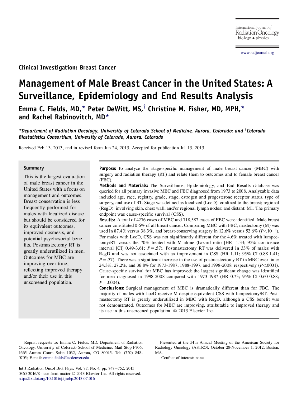 Management of Male Breast Cancer in the United States: A Surveillance, Epidemiology and End Results Analysis
