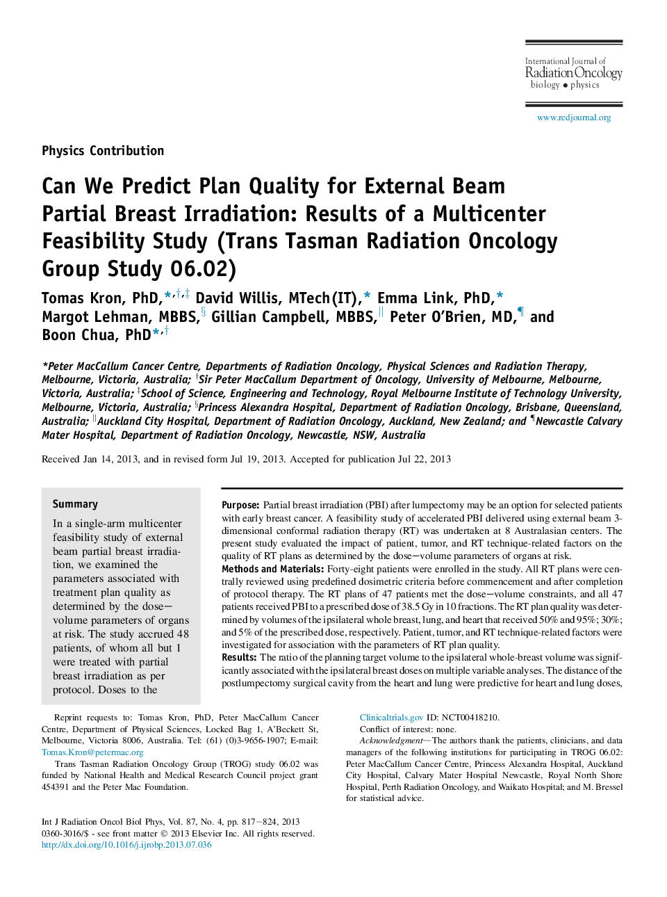 Can We Predict Plan Quality for External Beam Partial Breast Irradiation: Results of a Multicenter Feasibility Study (Trans Tasman Radiation Oncology Group Study 06.02)
