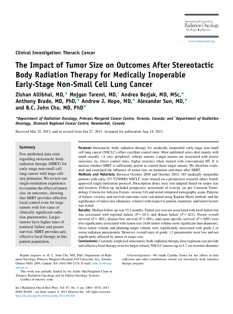 The Impact of Tumor Size on Outcomes After Stereotactic Body Radiation Therapy for Medically Inoperable Early-Stage Non-Small Cell Lung Cancer