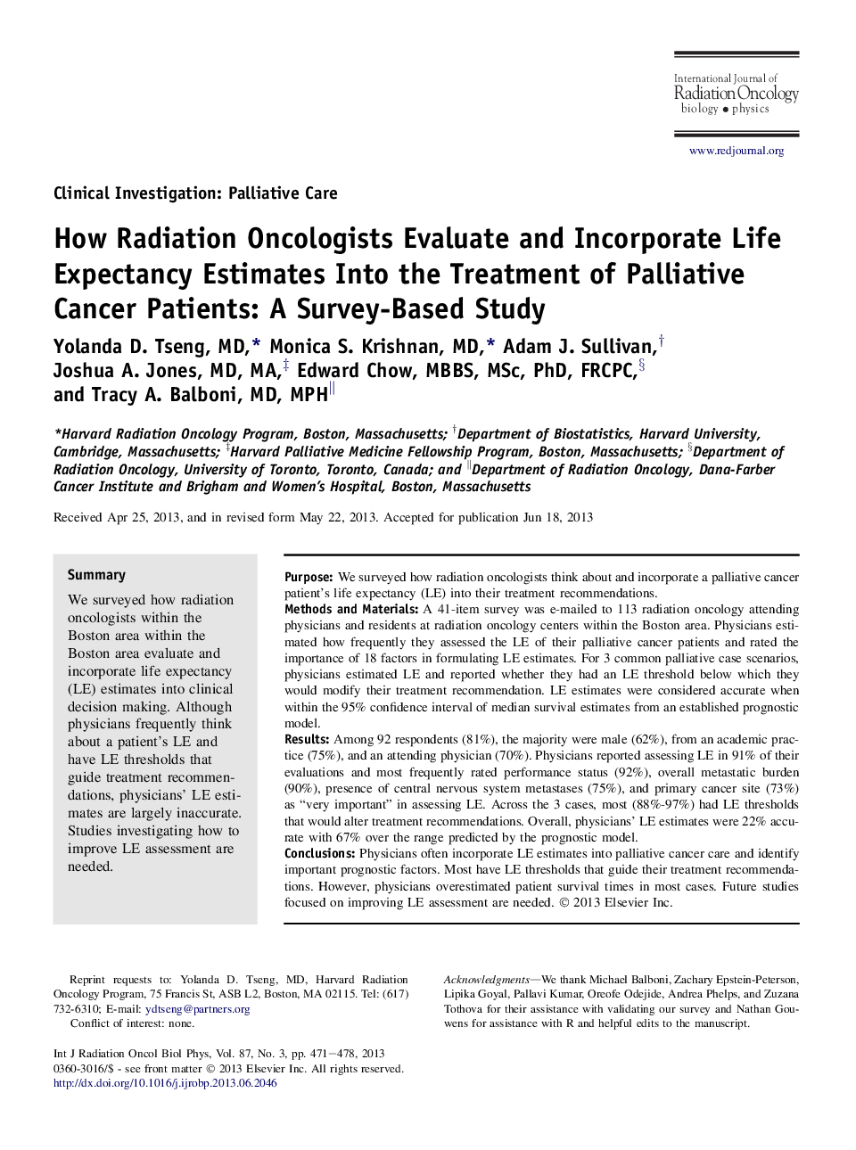 How Radiation Oncologists Evaluate and Incorporate Life Expectancy Estimates Into the Treatment of Palliative Cancer Patients: A Survey-Based Study