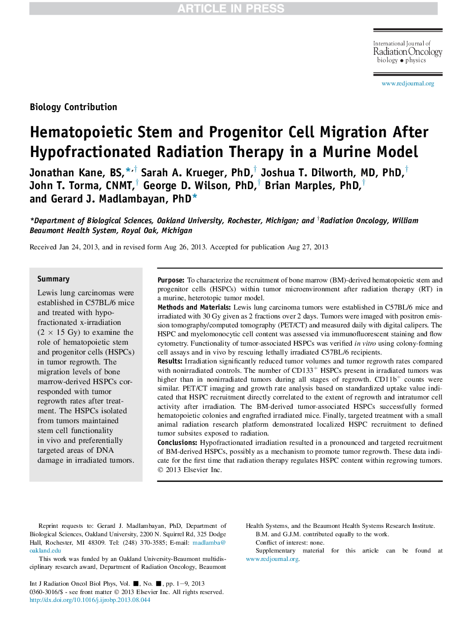 مهاجرت سلول های بنیادی و پیش داوری هماتوپوئیت پس از درمان پرتوهای هیپوفراکسیون شده در یک مدل موش 