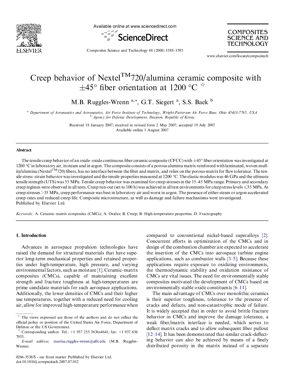 Creep behavior of Nextel™720/alumina ceramic composite with ±45° fiber orientation at 1200 °C 