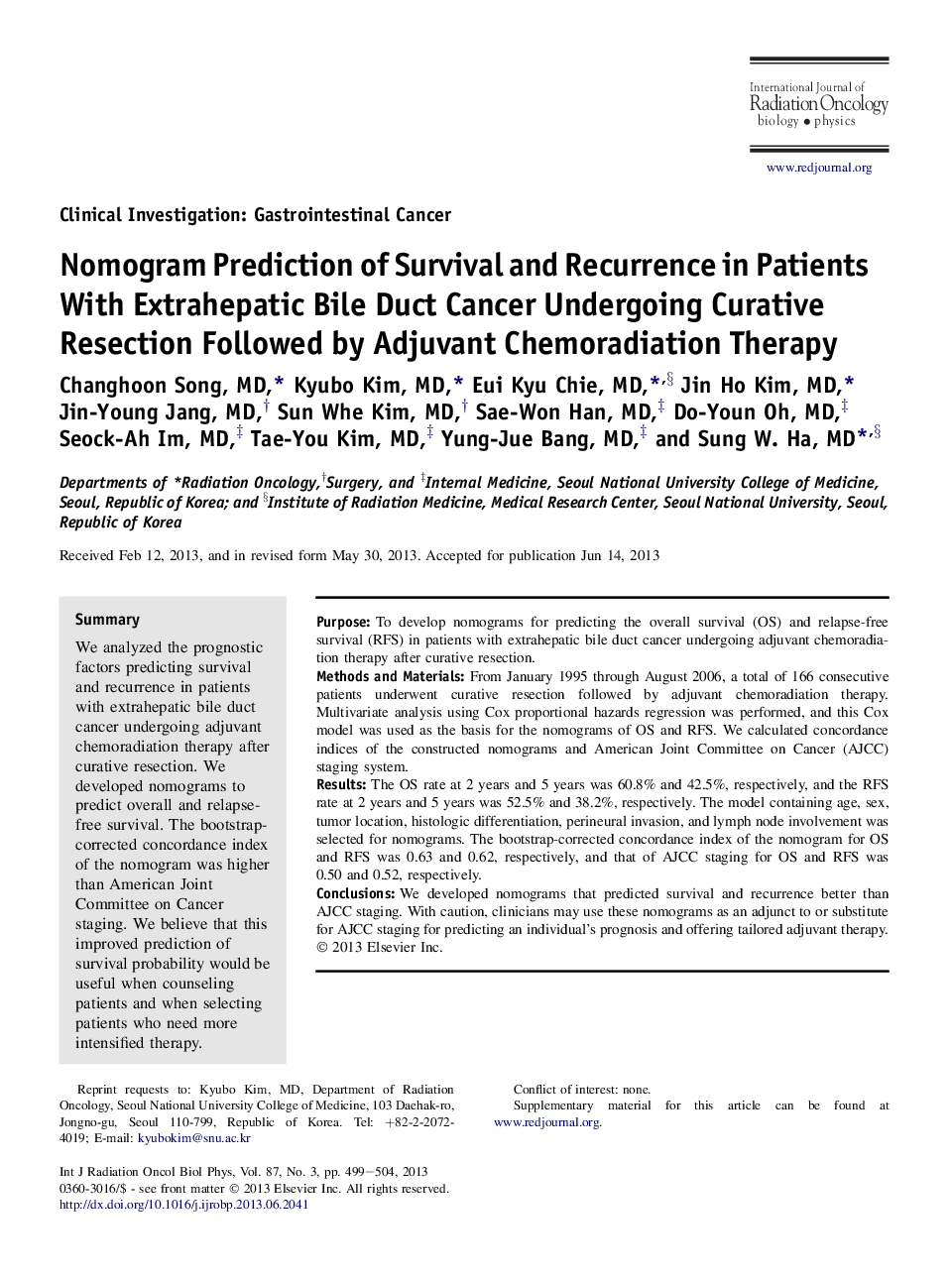 Nomogram Prediction of Survival and Recurrence in Patients With Extrahepatic Bile Duct Cancer Undergoing Curative Resection Followed by Adjuvant Chemoradiation Therapy
