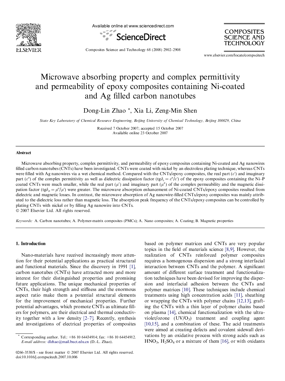 Microwave absorbing property and complex permittivity and permeability of epoxy composites containing Ni-coated and Ag filled carbon nanotubes