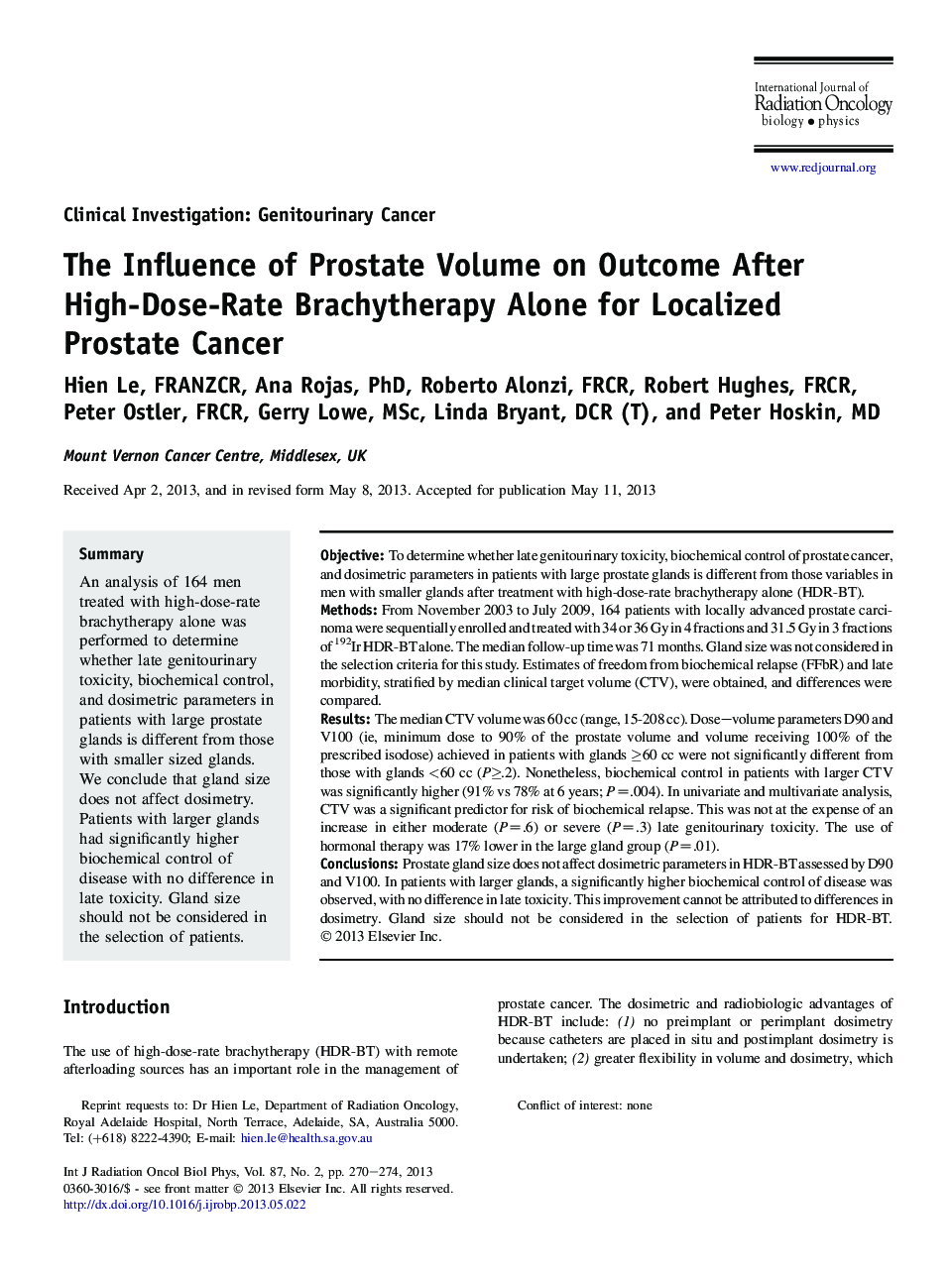 تأثیر حجم پروستات بر نتایج پس از برادری تراپی با دوز بالا به تنهایی برای سرطان پروستات محلی 