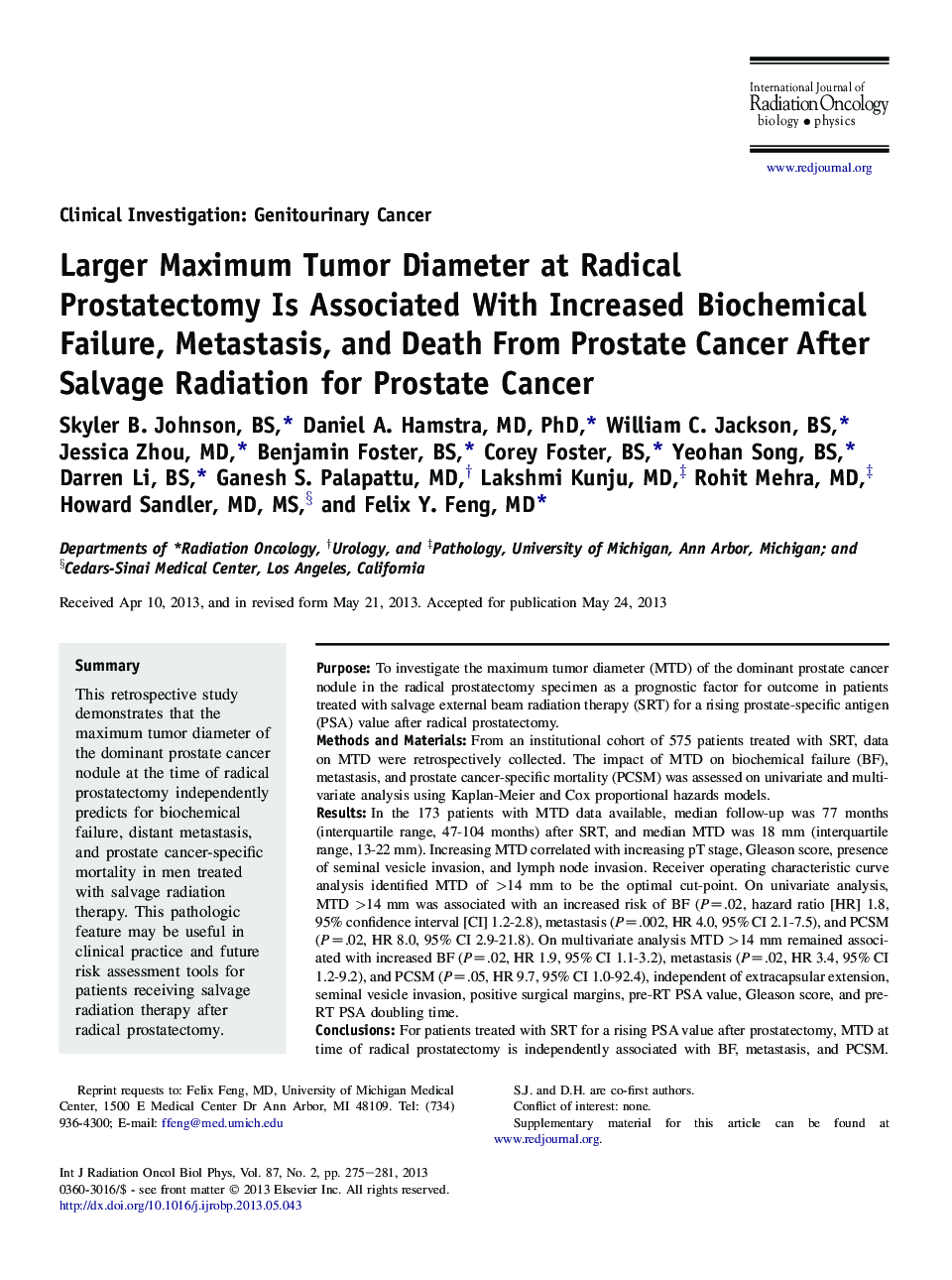 Larger Maximum Tumor Diameter at Radical Prostatectomy Is Associated With Increased Biochemical Failure, Metastasis, and Death From Prostate Cancer After Salvage Radiation for Prostate Cancer