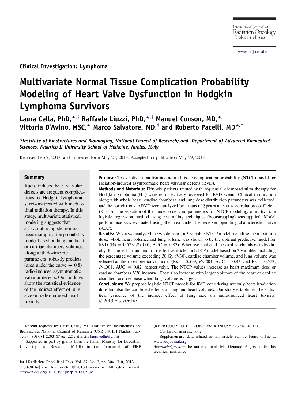 Multivariate Normal Tissue Complication Probability Modeling of Heart Valve Dysfunction in Hodgkin Lymphoma Survivors