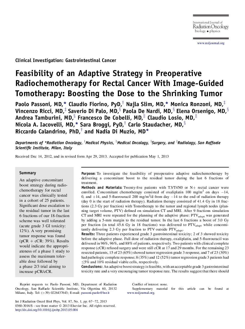 امکان سنجی استراتژی انطباق در رادیو شیمی درمانی قبل از عمل برای سرطان رکتوم با تروما با تصویر برداری: افزایش دوز در کاهش تومور 