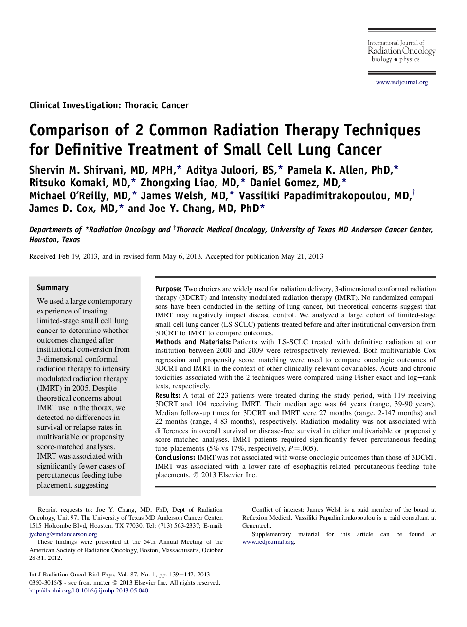 مقایسه دو تکنیک رادیوتراپی مشترک برای درمان قطعی سرطان ریه های کوچک سلولی 