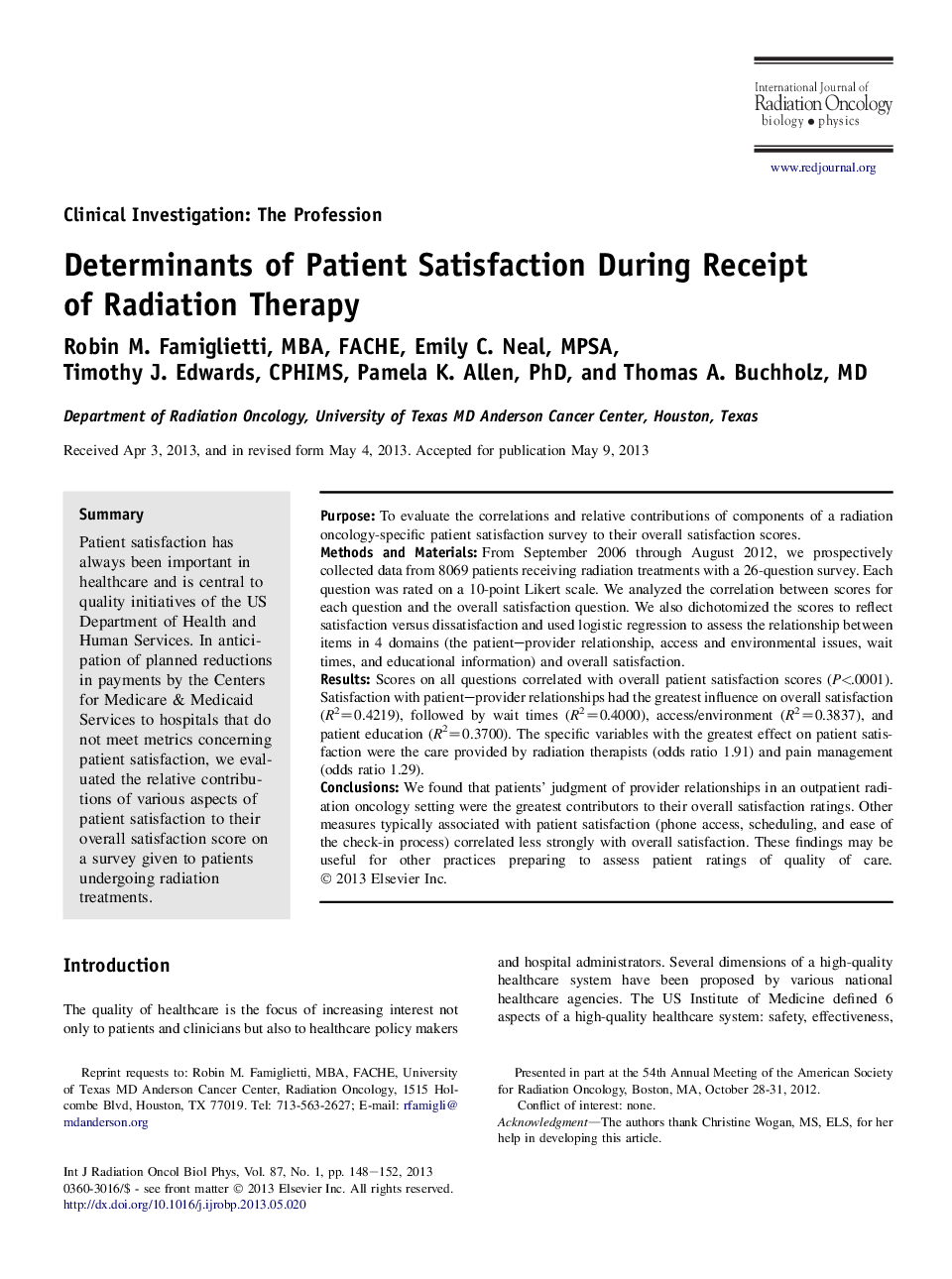 Determinants of Patient Satisfaction During Receipt of Radiation Therapy