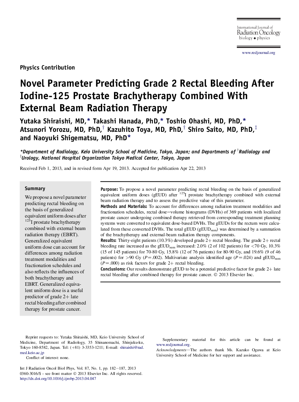 Novel Parameter Predicting Grade 2 Rectal Bleeding After Iodine-125 Prostate Brachytherapy Combined With External Beam Radiation Therapy