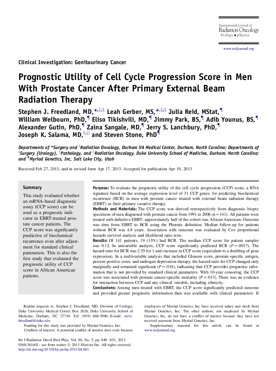 Prognostic Utility of Cell Cycle Progression Score in Men With Prostate Cancer After Primary External Beam Radiation Therapy