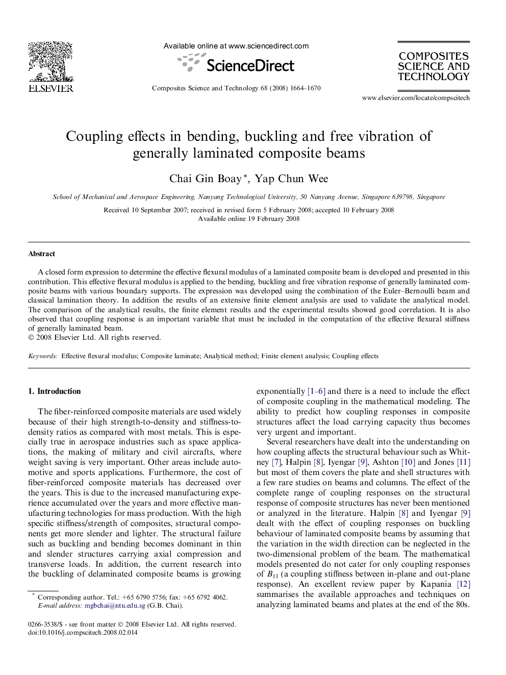 Coupling effects in bending, buckling and free vibration of generally laminated composite beams