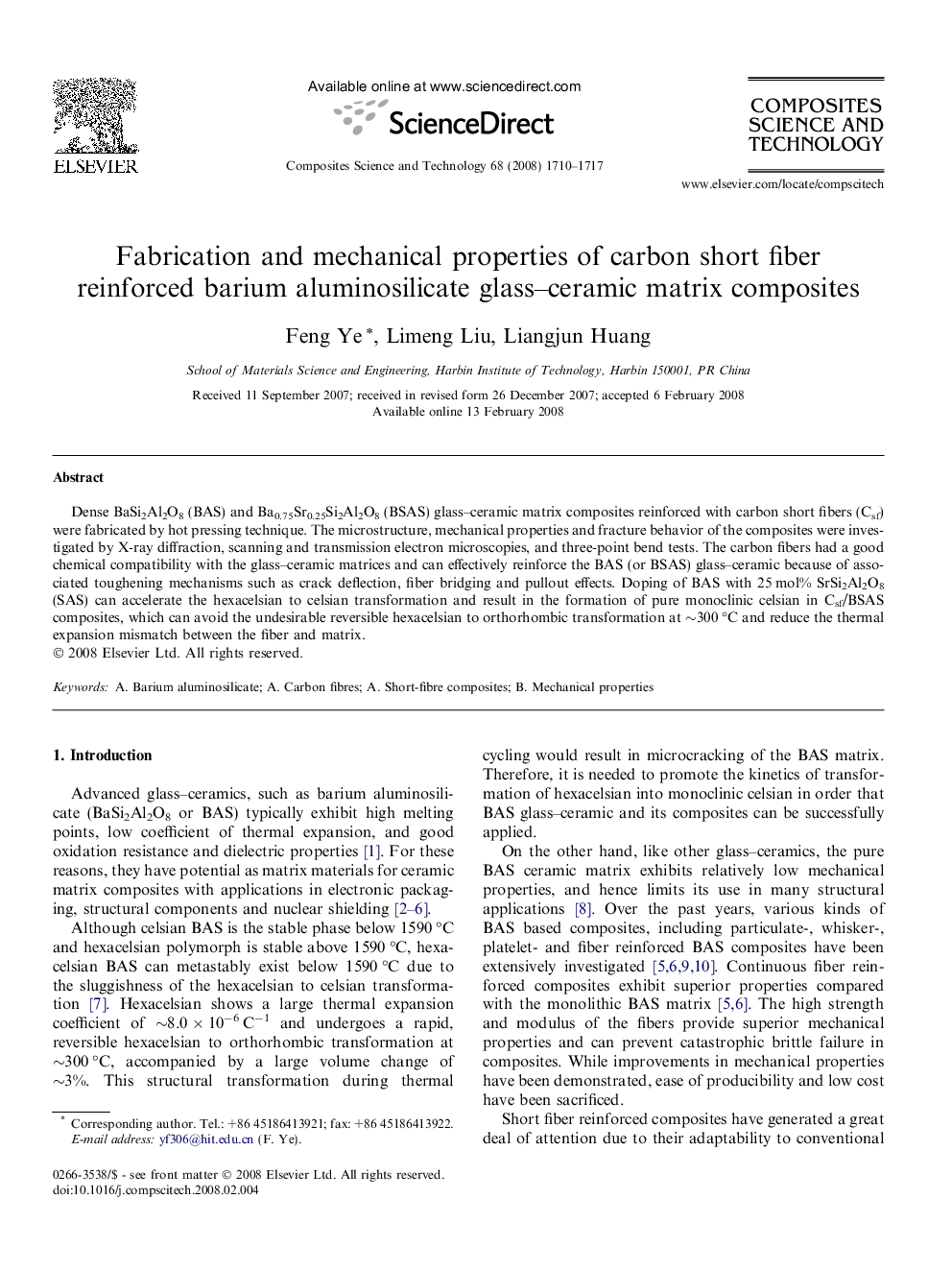 Fabrication and mechanical properties of carbon short fiber reinforced barium aluminosilicate glass–ceramic matrix composites