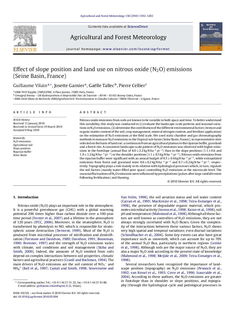 Effect of slope position and land use on nitrous oxide (N2O) emissions (Seine Basin, France)