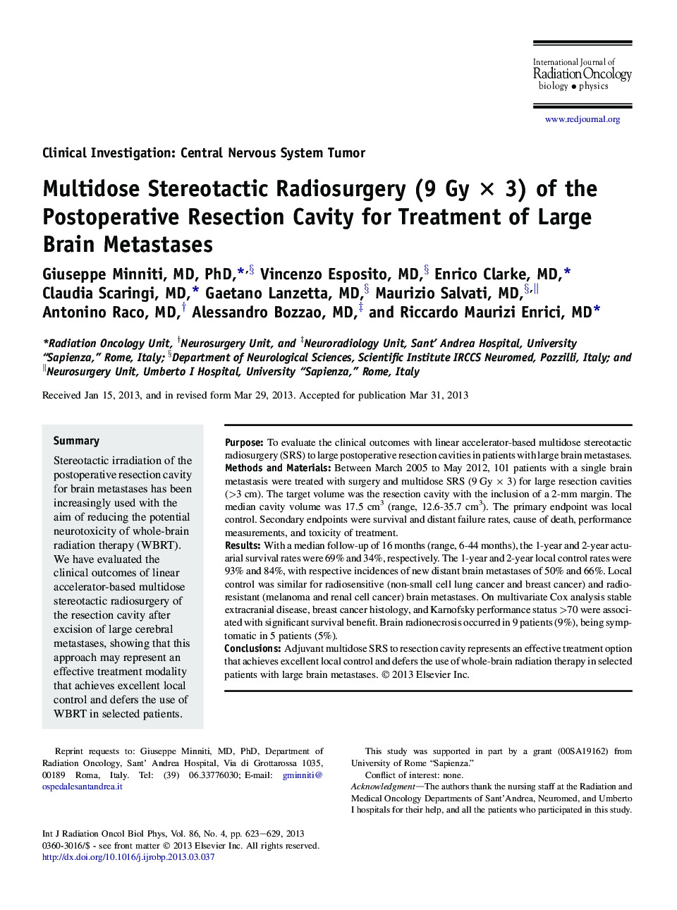 عکس صفحه اول مقاله: Multidose Stereotactic Radiosurgery (9 Gy à 3) of the Postoperative Resection Cavity for Treatment of Large Brain Metastases Multidose Stereotactic Radiosurgery (9 Gy à 3) of the Postoperative Resection Cavity for Treatment of Large Brain Metastases