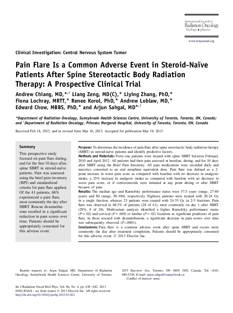 عکس صفحه اول مقاله: Pain Flare Is a Common Adverse Event in Steroid-Naïve Patients After Spine Stereotactic Body Radiation Therapy: A Prospective Clinical Trial Pain Flare Is a Common Adverse Event in Steroid-Naïve Patients After Spine Stereotactic Body Radiation Therapy: A Prospective Clinical Trial