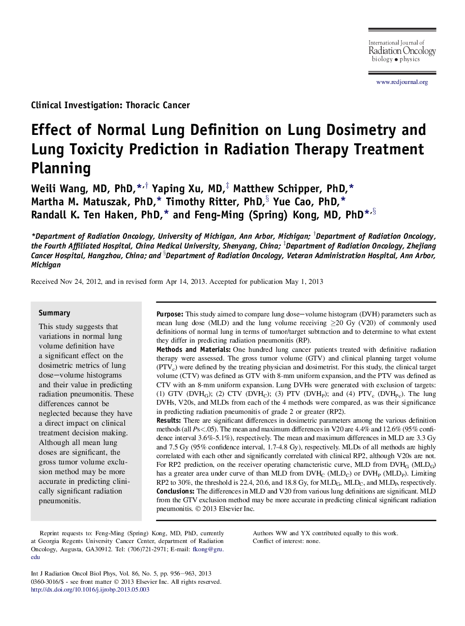 Effect of Normal Lung Definition on Lung Dosimetry and Lung Toxicity Prediction in Radiation Therapy Treatment Planning